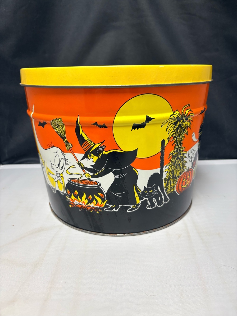 VTG Halloween Metal Tin Storage Litho Bucket Witch Ghost Skeleton Creepy Cool